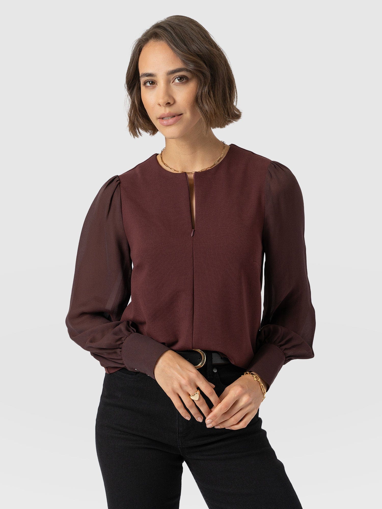 Esme Zip Up Top - Maroon - Women's T-shirts | Saint + Sofia® UK